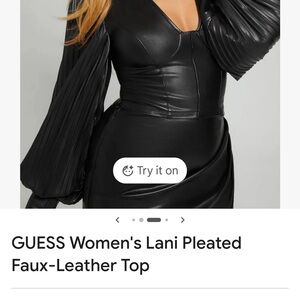 GUESS Black Faux-Leather Top with Pleated Sleeves